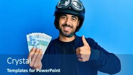  Presentation with motorcycle - PPT layouts having young-hispanic-man-wearing-motorcycle background and a ocean colored foreground