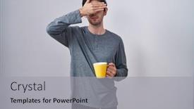  Presentation with cup coffee - Presentation design with young-hispanic-man-wearing-pajama background and a light gray colored foreground
