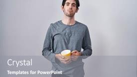  Presentation with cup coffee - PPT theme having young-hispanic-man-wearing-pajama background and a gray colored foreground