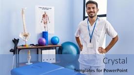  Presentation with rehab clinic - Presentation theme with young-hispanic-man-wearing-physiotherapist background and a teal colored foreground