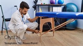  Presentation with rehab clinic - PPT layouts featuring young-hispanic-man-wearing-physiotherapist background and a coral colored foreground
