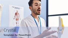  Presentation with kidney transplant holding a model - PPT theme having young-hispanic-man-wearing-physiotherapist background and a light blue colored foreground