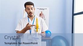  Presentation with rehab clinic - Presentation with young-hispanic-man-wearing-physiotherapist background and a light blue colored foreground