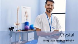  Presentation with rehab clinic - Slide deck enhanced with young-hispanic-man-wearing-physiotherapist background and a light blue colored foreground