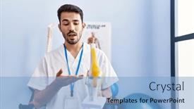  Presentation with rehab clinic - Presentation with young-hispanic-man-wearing-physiotherapist background and a light blue colored foreground