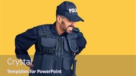  Presentation with back pain - Audience pleasing theme consisting of young-hispanic-man-wearing-police backdrop and a navy blue colored foreground