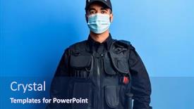  Presentation with medical face mask - Slide set with young-hispanic-man-wearing-police background and a navy blue colored foreground