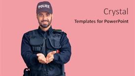  Presentation with police - Presentation design featuring young-hispanic-man-wearing-police background and a coral colored foreground