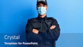  Presentation with medical face mask - PPT theme featuring young-hispanic-man-wearing-police background and a ocean colored foreground