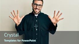  Presentation with number - Audience pleasing PPT theme consisting of young-hispanic-man-wearing-priest backdrop and a navy blue colored foreground