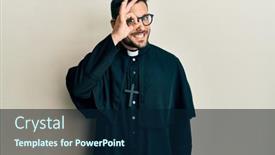  Presentation with happy sad face man - Cool new PPT theme with young-hispanic-man-wearing-priest backdrop and a navy blue colored foreground