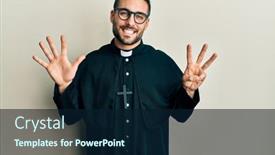  Presentation with eight - PPT theme with young-hispanic-man-wearing-priest background and a navy blue colored foreground