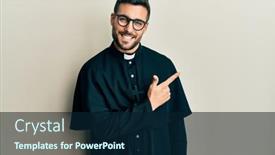  Presentation with finger - Colorful slide set enhanced with young-hispanic-man-wearing-priest backdrop and a navy blue colored foreground