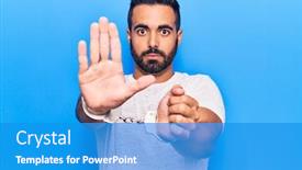  Presentation with hand handcuffs - Audience pleasing PPT theme consisting of young-hispanic-man-wearing-prisoner backdrop and a teal colored foreground