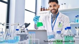  Presentation with test tube laboratory - Slide set having young-hispanic-man-wearing-scientist background and a light blue colored foreground