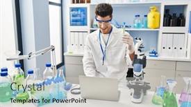  Presentation with test tube laboratory - Presentation theme having young-hispanic-man-wearing-scientist background and a light gray colored foreground