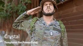  Presentation with futuristic combat soldier - Slides with young-hispanic-man-wearing-soldier background and a violet colored foreground