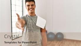  Presentation with young business man - PPT theme consisting of young-hispanic-man-wearing-sportswear background and a coral colored foreground