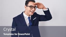  Presentation with far away - Slide set enhanced with young-hispanic-man-wearing-suit background and a navy blue colored foreground