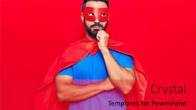 Presentation with super man - Presentation theme with young-hispanic-man-wearing-super background and a red colored foreground