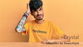  Presentation with question word - Slides having young-hispanic-man-wearing-tshirt background and a yellow colored foreground