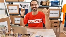  Presentation with volunteer - PPT theme consisting of young-hispanic-man-wearing-volunteer background and a coral colored foreground