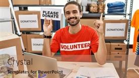  Presentation with volunteer - Presentation having young-hispanic-man-wearing-volunteer background and a coral colored foreground