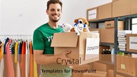  Presentation with volunteer - Presentation theme consisting of young-hispanic-man-wearing-volunteer background and a coral colored foreground