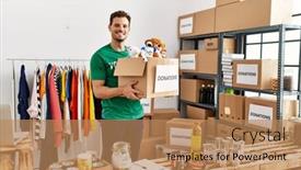  Presentation with charity - Presentation theme having young-hispanic-man-wearing-volunteer background and a coral colored foreground