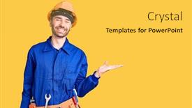  Presentation with hand palm - Colorful slides enhanced with young-hispanic-man-wearing-worker backdrop and a yellow colored foreground