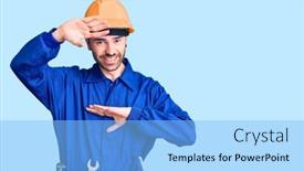  Presentation with worker - Beautiful presentation theme featuring young-hispanic-man-wearing-worker backdrop and a light blue colored foreground