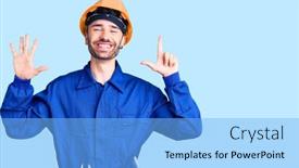  Presentation with worker - Slide deck having young-hispanic-man-wearing-worker background and a light blue colored foreground