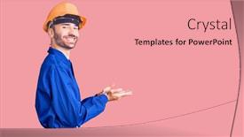  Presentation with worker - Audience pleasing presentation theme consisting of young-hispanic-man-wearing-worker backdrop and a coral colored foreground
