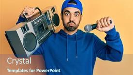  Presentation with person listening - Cool new slide set with young-hispanic-man-with-beard backdrop and a ocean colored foreground