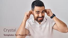  Presentation with beard - PPT theme with young-hispanic-man-with-beard background and a coral colored foreground