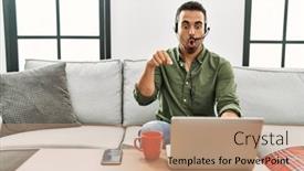  Presentation with call center - Presentation featuring young-hispanic-man-with-beard background and a coral colored foreground