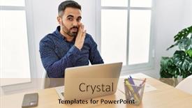  Presentation with working - Presentation theme with young-hispanic-man-with-beard background and a coral colored foreground