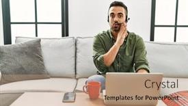  Presentation with secret agent - Presentation with young-hispanic-man-with-beard background and a coral colored foreground