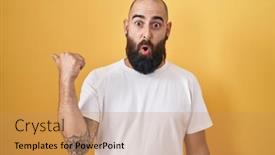  Presentation with beard - PPT theme having young-hispanic-man-with-beard background and a coral colored foreground