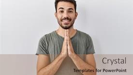  Presentation with praying hands - Slide set enhanced with young-hispanic-man-with-beard background and a coral colored foreground