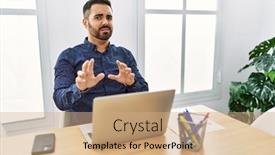  Presentation with working - PPT theme enhanced with young-hispanic-man-with-beard background and a coral colored foreground