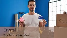  Presentation with piggy bank - Presentation theme enhanced with young-hispanic-man-with-beard background and a coral colored foreground