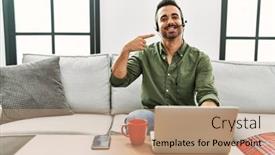  Presentation with call center - Presentation with young-hispanic-man-with-beard background and a  colored foreground