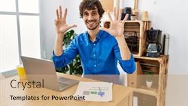  Presentation with working - Slide deck having young-hispanic-man-with-beard background and a coral colored foreground