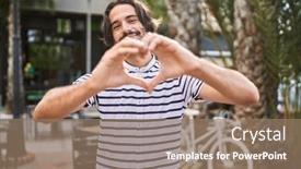  Presentation with heart hands - Slides consisting of young-hispanic-man-with-beard background and a coral colored foreground
