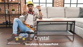  Presentation with working - Presentation theme with young-hispanic-man-with-beard background and a gray colored foreground