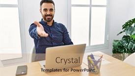  Presentation with hand palm - Presentation design featuring young-hispanic-man-with-beard background and a coral colored foreground