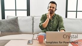  Presentation with call center - PPT layouts enhanced with young-hispanic-man-with-beard background and a coral colored foreground