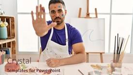  Presentation with hand palm - Slide deck having young-hispanic-man-with-beard background and a  colored foreground