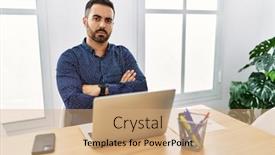  Presentation with working - Presentation theme with young-hispanic-man-with-beard background and a coral colored foreground